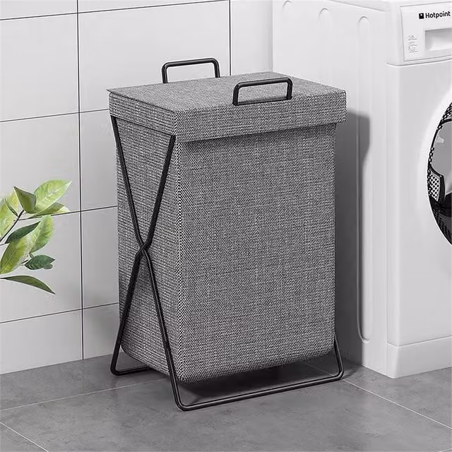 VOGREX Grey Foldable Fabric Laundry Basket with Lid