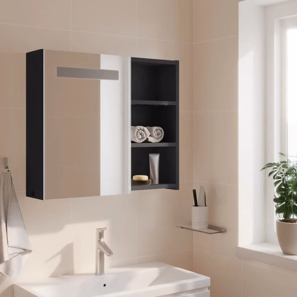 Berkfield Home Grey Glossy Bathroom Mirror Cabinet with LED Light, W/D/H: 60 x 13 x 52 cm – 2
