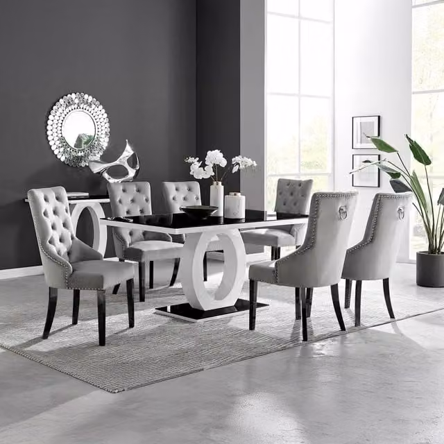 Giovani 6 Black Oval Glass Dining Table and 6 Belgravia Black Leg Chairs in Grey