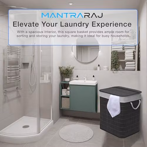 MantraRaj 105L Bamboo Laundry Basket with Lid and Two Compartments, Black and Grey – 2