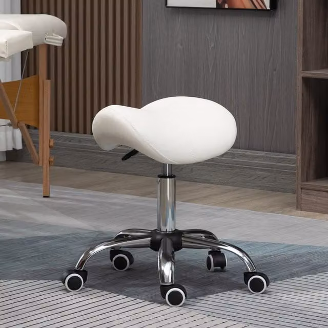 HOMCOM PU Leather Saddle Stool with Moulded Padded Seat and Castors in Beige – 1