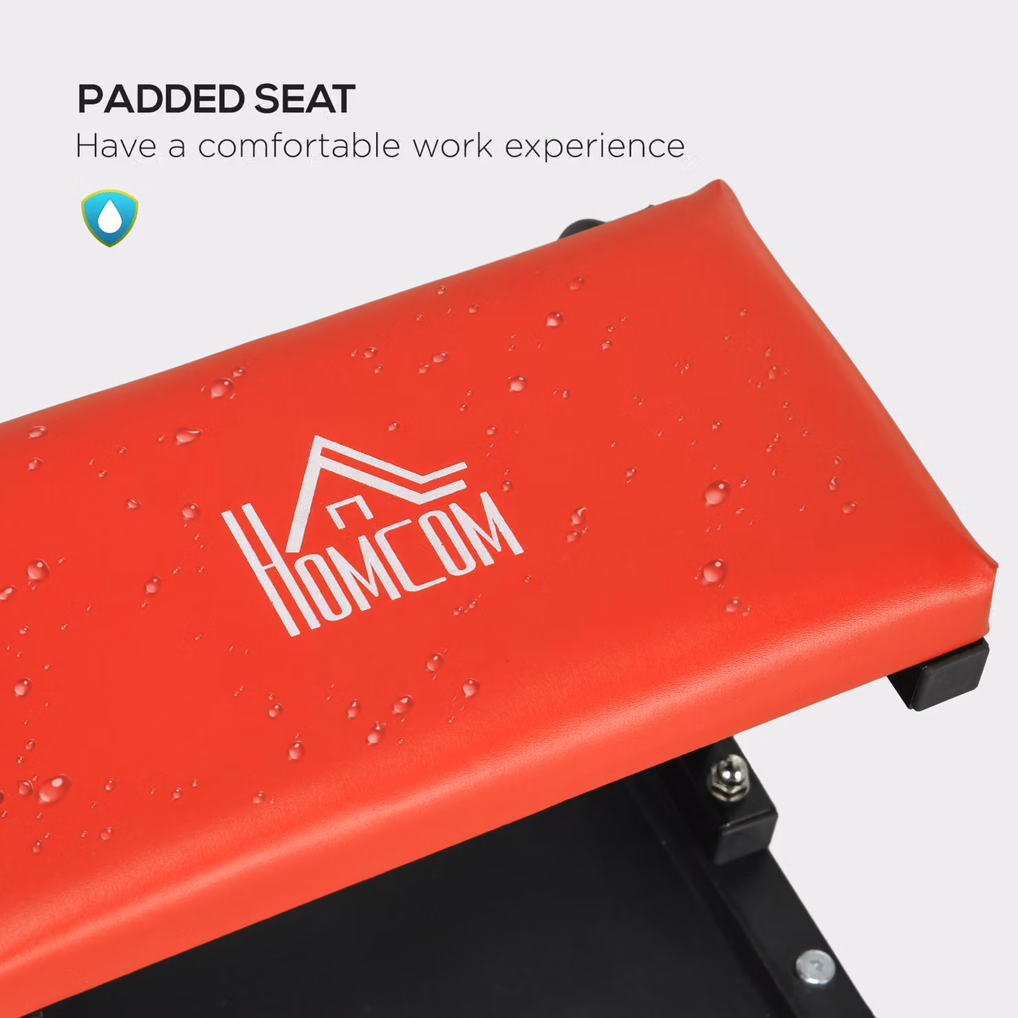 HOMCOM Red Rolling Workshop Stool with Padded Synthetic Leather Seat, Tool Tray and Castors – 5