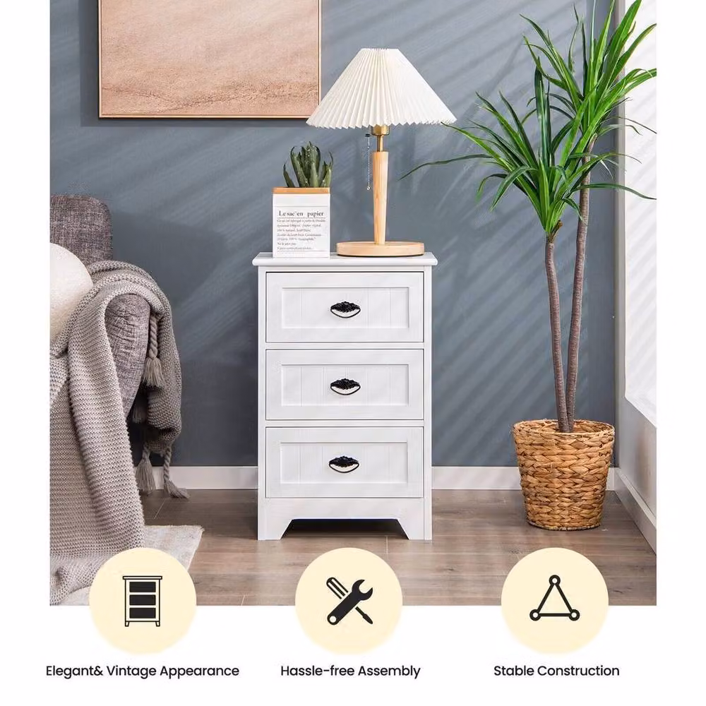 Kelvenix White Lacquered Wood 3-Drawer Bedside Table – 4