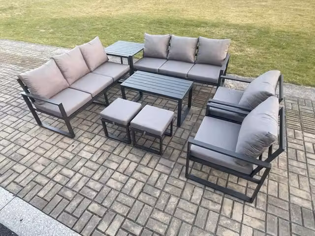 Fimous Modern Aluminium Outdoor Garden Furniture Set in Dark Grey with 3 Seater Sofa, Coffee Table and Ottoman