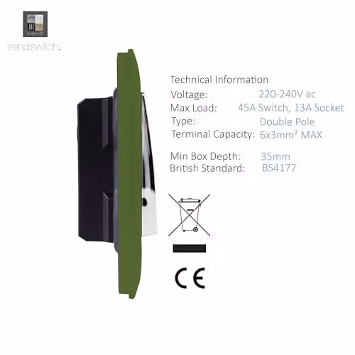 Trendi Switch Moss Green 45 A Cooker Switch and Single Plug Socket Combination with Neon Indicator – 3