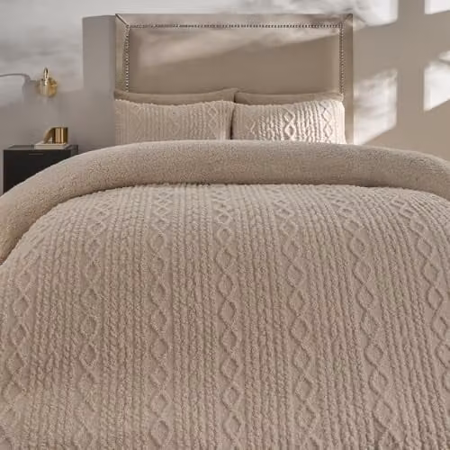 OHS Reversible Cable Knit Fleece Duvet Cover and Pillowcase Set, Beige/Sand, W/D/H: 180 x 200 cm, Pillowcases: 48 x 74 cm – 1