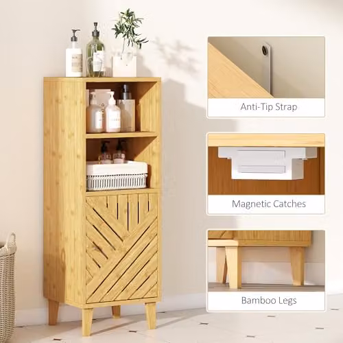 HOMCOM Slim Bathroom Cabinet in Brown Bamboo with Hinged Doors and Open Shelf, W/D/H: 32 x 30 x 90 cm – 3