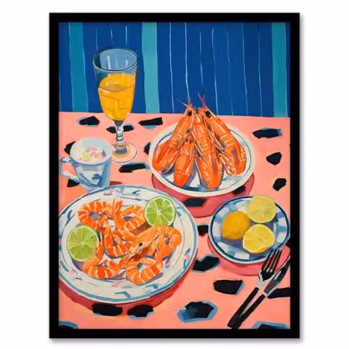 Wee Blue Coo Party Shrimp Oil Painting Framed Wall Art Print, Multicolour, A4 – 1