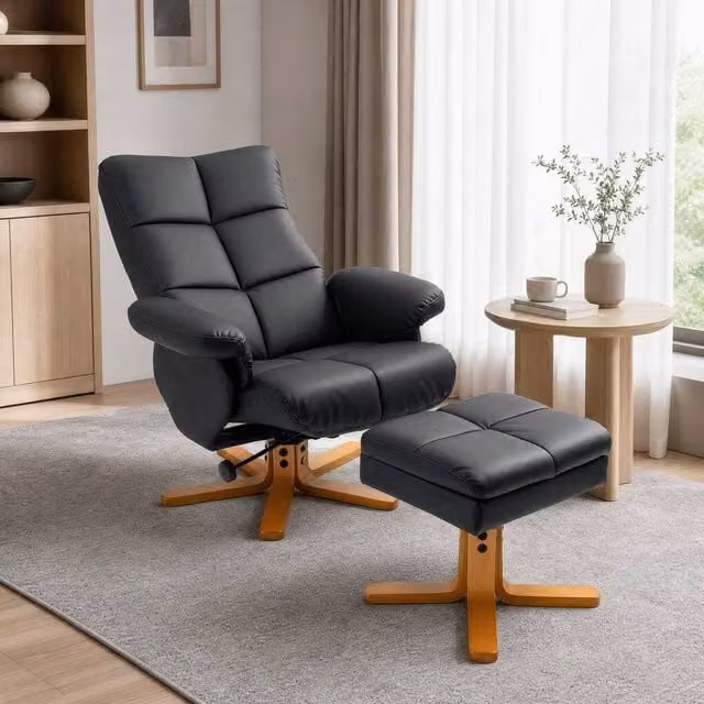 STILVORA Black Synthetic Leather Recliner Chair with Integrated Ottoman Storage Footstool