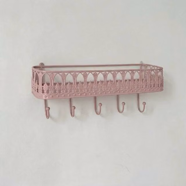 FORGEVIO Pink Vintage Metal Wall Rack with Multiple Distributed Point Hooks, W/D/H: 30 x 12 x 30 cm