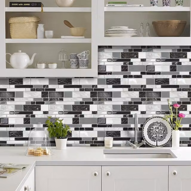 Livingandhome 10-Piece Self-Adhesive Geometric Tile-Look Kitchen Backsplash Tiles in Black, Grey and White