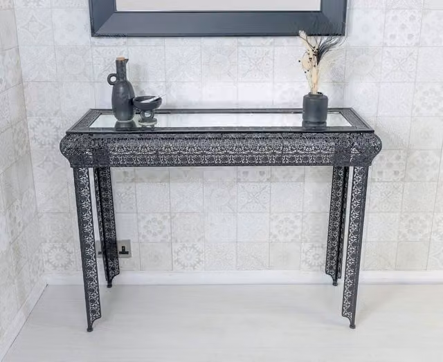 Downton Interiors Agadir Black Embossed Metal and Mirrored Glass Console Table – 1