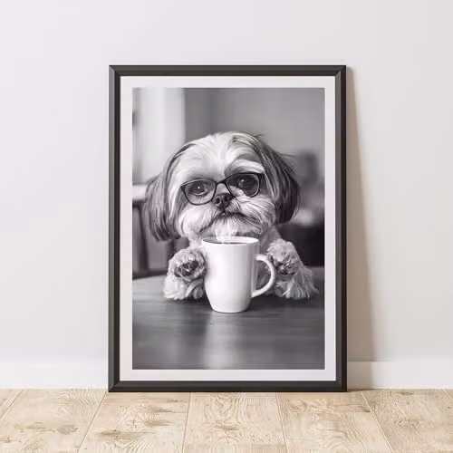 60 Second Makeover Funny Shih Tzu Drinking Coffee Paper Poster, Multicolour, A4