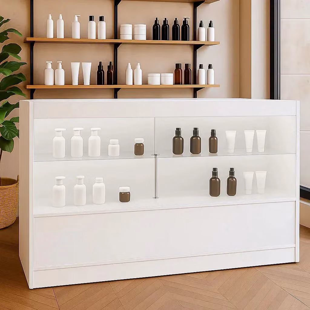 Monstershop C1500 LED Retail Shop Counter in White with Glass Sliding Doors and Integrated Lighting – 3
