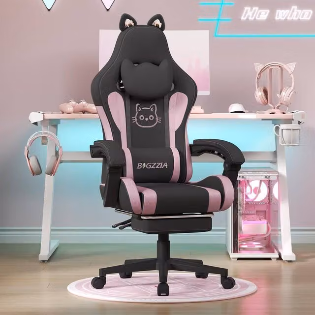 Gartistgo Gaming Chair with Cat Ears, Massage Lumbar Support and Footrest in Black Faux Leather