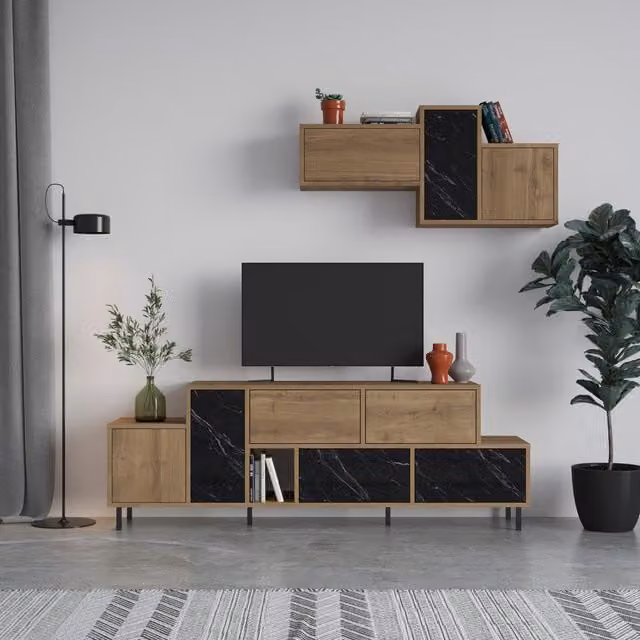 Decortie Hermes Modern TV Unit with Wall Storage Unit in Black Marble Effect