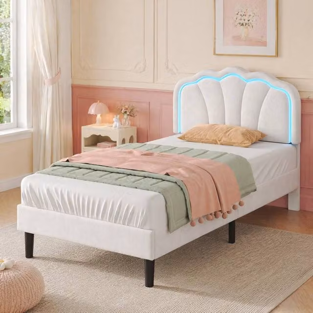 STILVORA Single Upholstered Velvet Bed Frame with Under-Bed RGB LED Lighting and Drawers in Beige – 1