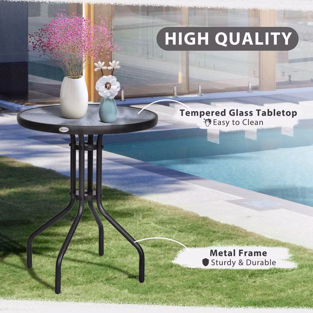 OUTSUNNY Round Glass Top Garden Side Table, Black, Diameter: 60 cm, H: 70 cm – 3