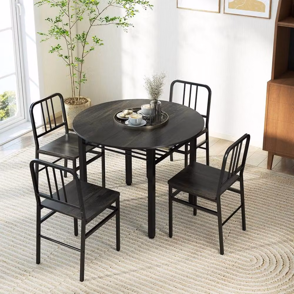 Hinsinc 5-Piece Round Dining Table Set with 4 Chairs in Grey and Black – 4