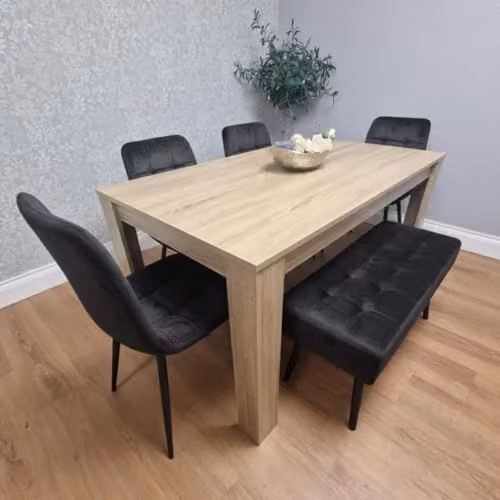 KOSY KOALA Modern Oak Effect Dining Table Set with 4 Black Velvet Chairs and Bench, W/D/H: 140 x 80 x 75 cm