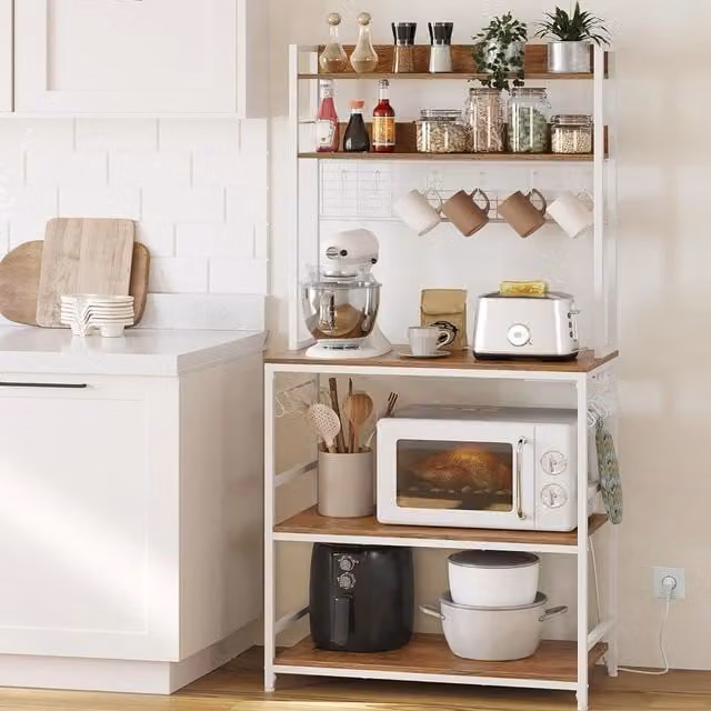 VASAGLE Industrial Kitchen Rack in Brown with Power Outlet, Hooks and Metal Wire Panel