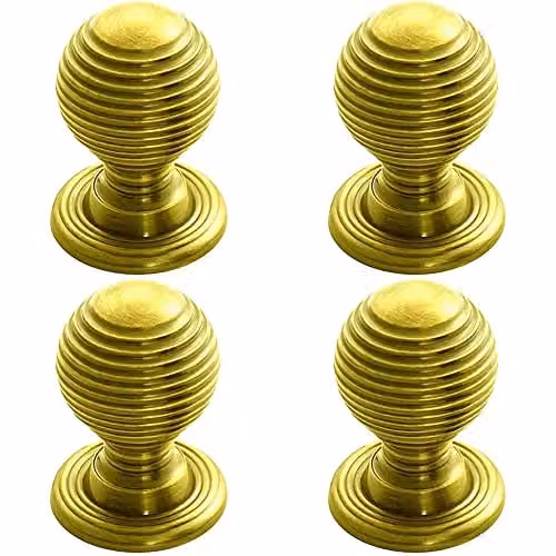 Loops 4 Pack Textured Reeded Ball Cupboard Door Knob in Polished Brass, Diameter: 28 mm