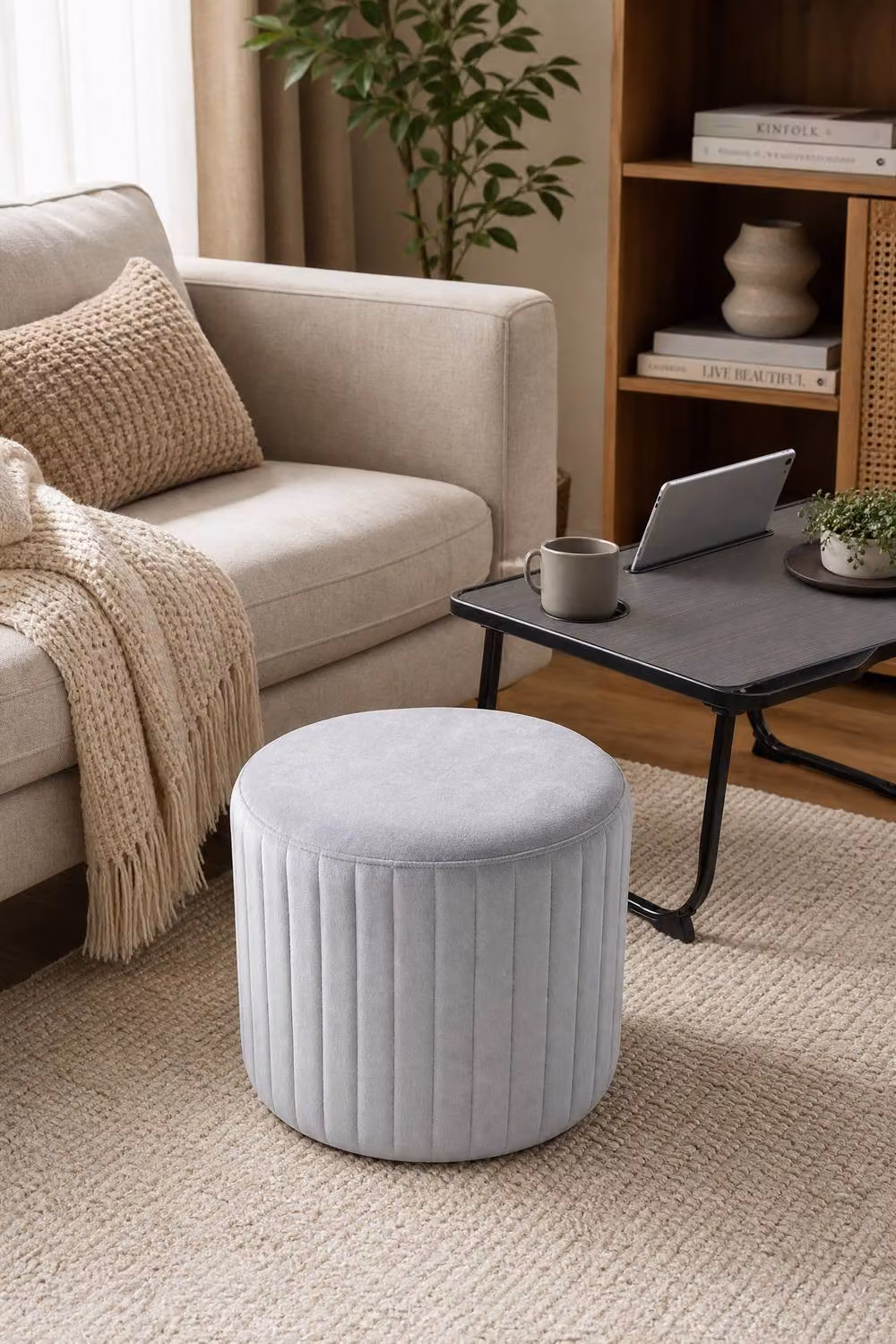 Garden Sanctuary Grey Flannel Upholstered Cylindrical Footstool – 2