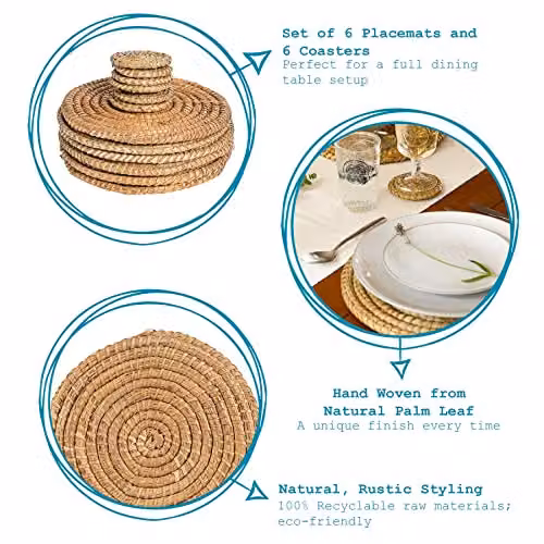 Argon Tableware 12pc Round Woven Palm Leaf Placemats and Coasters Set in Brown – 5