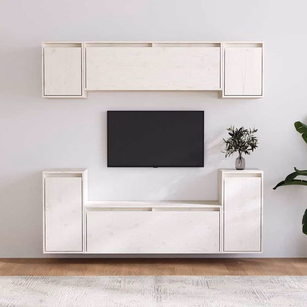 Berkfield Home White Solid Wood Pine TV Cabinet Set of 6 – 1