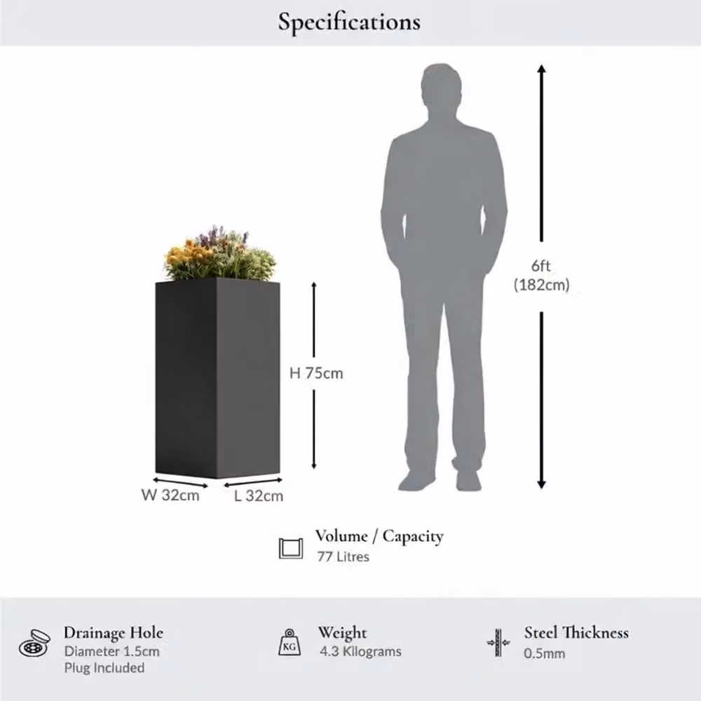 Tulipy Galvanised Steel Tall Square Planter, Matte Grey, W: 32 cm, D: 32 cm, H: 75 cm – 11