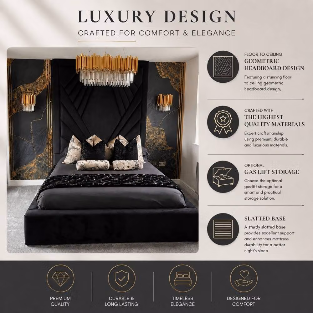 Stratus Interiors Coco Geometric Velvet Upholstered Bed with Black Metal Gas Lift, W/D/H: 120 x 200 cm – 4