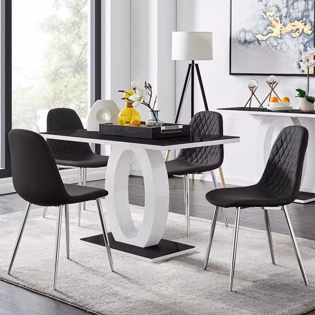 FurnitureboxUK Giovani Black Rectangular Glass Dining Table and Four Corona Silver Leg Chairs Set