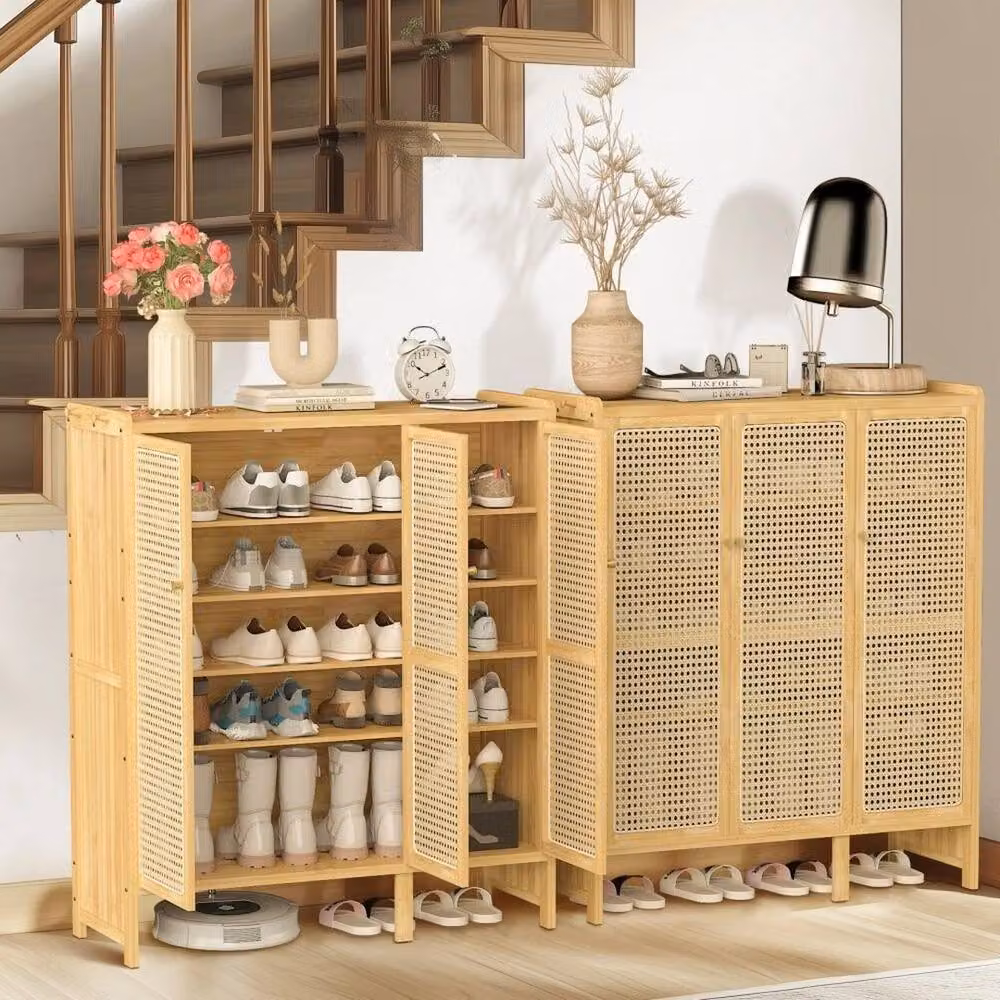 EONLION Tall Brown Rattan Shoe Cabinet with 3 Hinged Doors and Internal Shelves – 3