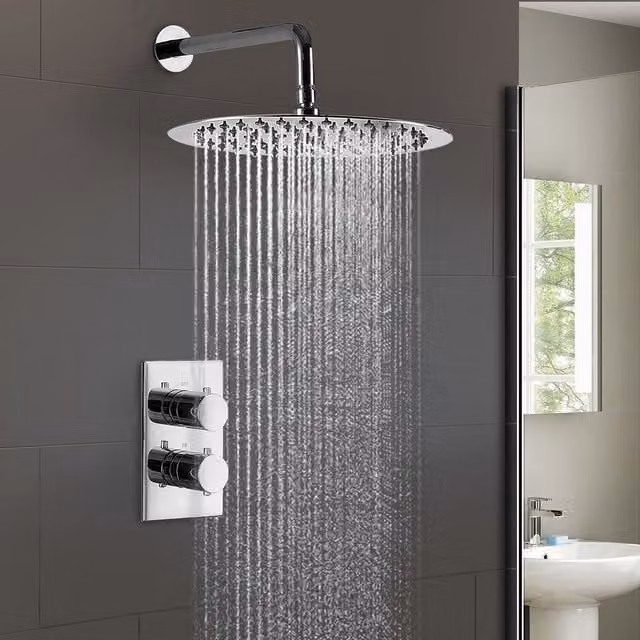 Nes Home Lily 2 Dial 1 Way Round Slim Shower Head Set in Silver