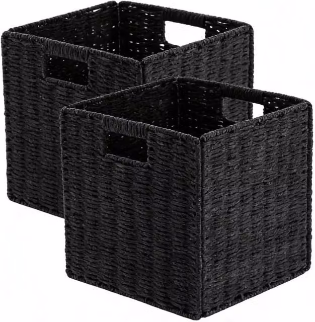 Kelvenix Set of 2 Black Faux Wicker Open Weave Foldable Plastic Baskets