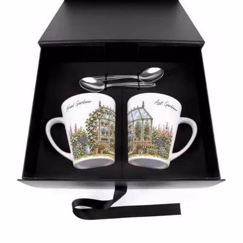 Purely Home Greenhouse Gardening Latte Mugs and Spoons Gift Boxed Set in Green and White with Floral Design – 3
