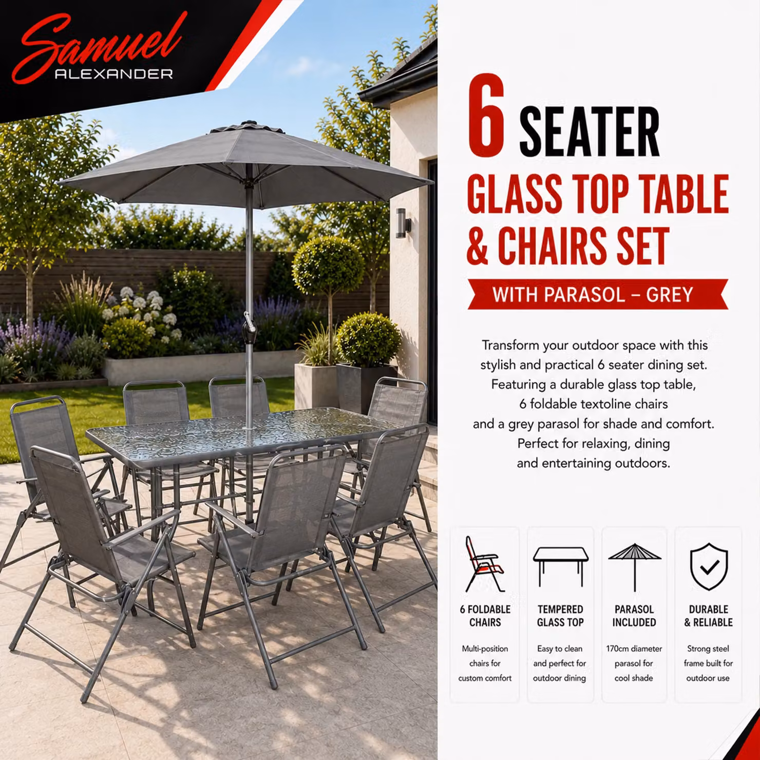 Samuel Alexander 6 Seater Outdoor Patio Set with Glass Top Table, Chairs and Parasol in Grey – 4