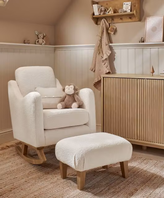 Mamas & Papas Bowdon Nursing Chair and Footstool Set in White Bouclé and Velvet with Oak Solid Wood Frame