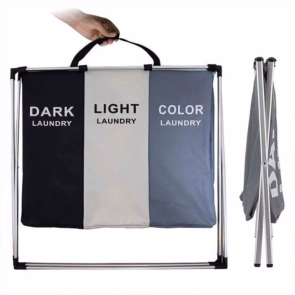 EONLION 3 Compartment Laundry Clothes Washing Storage Basket in Black with Handles and Collapsible Fabric Design, Height: 100 cm – 4