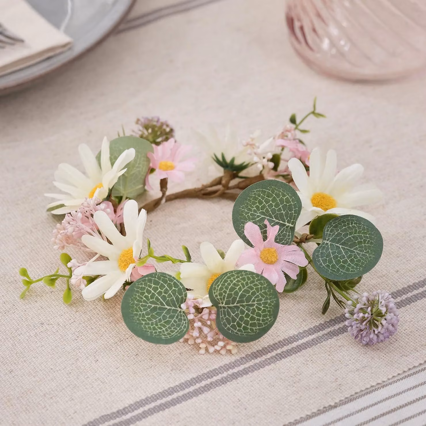 Daisy Dreams Wreath Candle Ring in Purple, Pink and White Floral Design