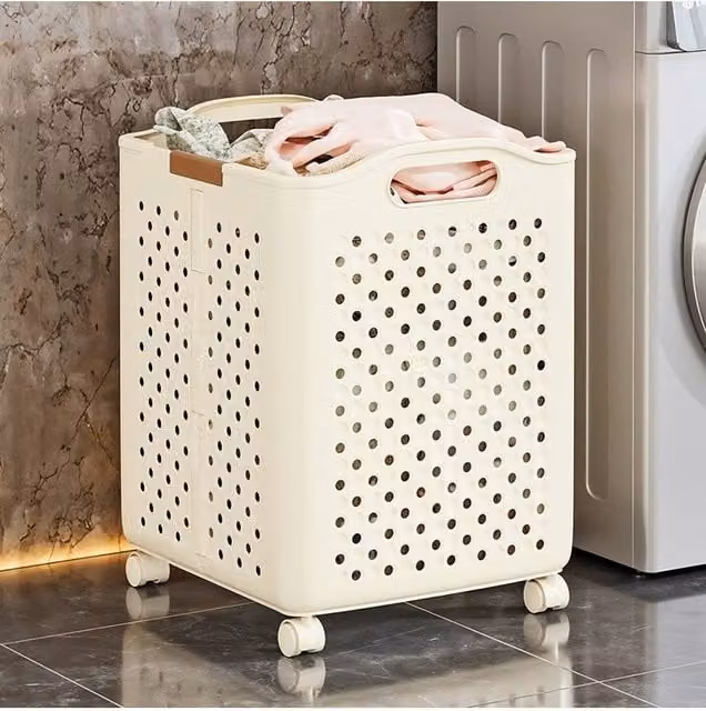 Living and Home Foldable Rolling Laundry Basket with Wheels in Beige