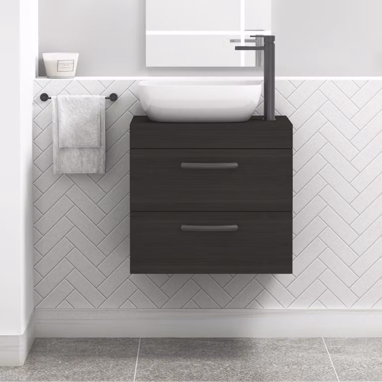 Royal Bathrooms Wall Hung 2 Drawer Vanity Unit with Elva Countertop Basin in Charcoal Oak and Matt Black Handles, Width: 60 cm