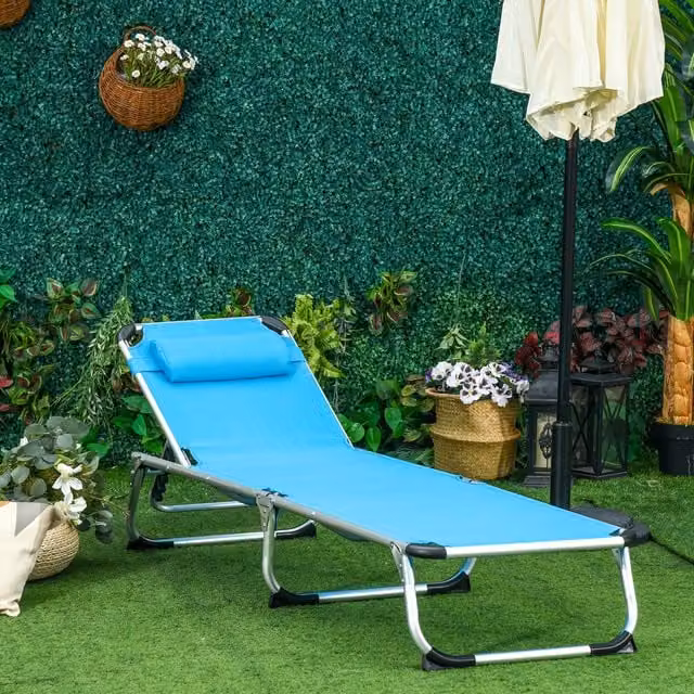Outsunny Blue Folding Outdoor Reclining Sun Lounger with Adjustable Headrest and Textilene Fabric