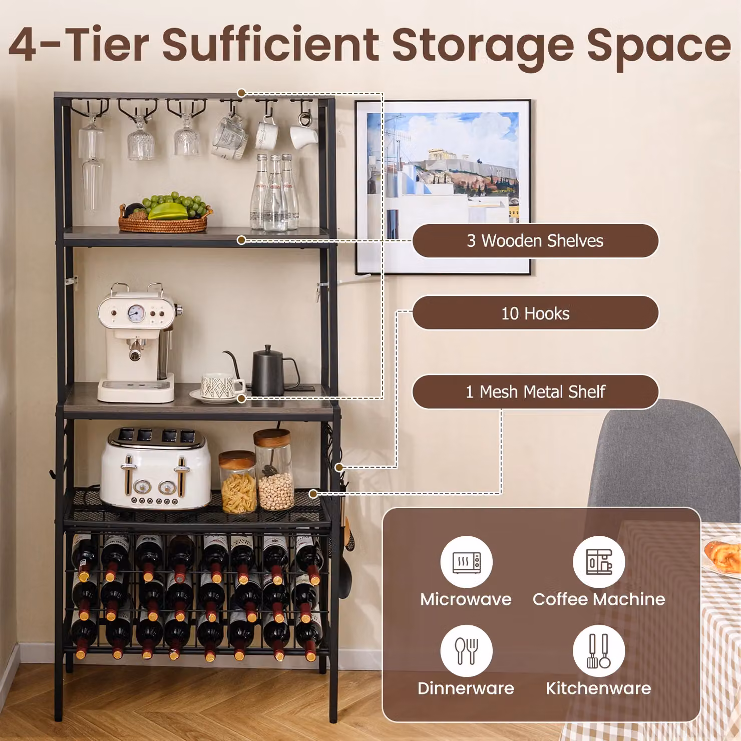 Costway Multi-Tier Wine Organizer Bar and Bakers Rack with Power Outlet in Grey – 6