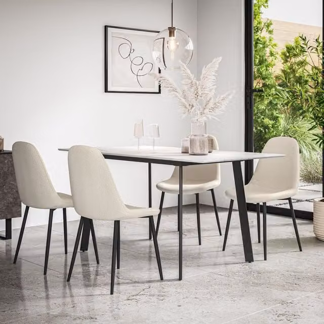 More4Homes Haydon Extending Dining Table and 4 Maya Boucle Dining Chairs Set, White Marble Effect and Ivory – 1