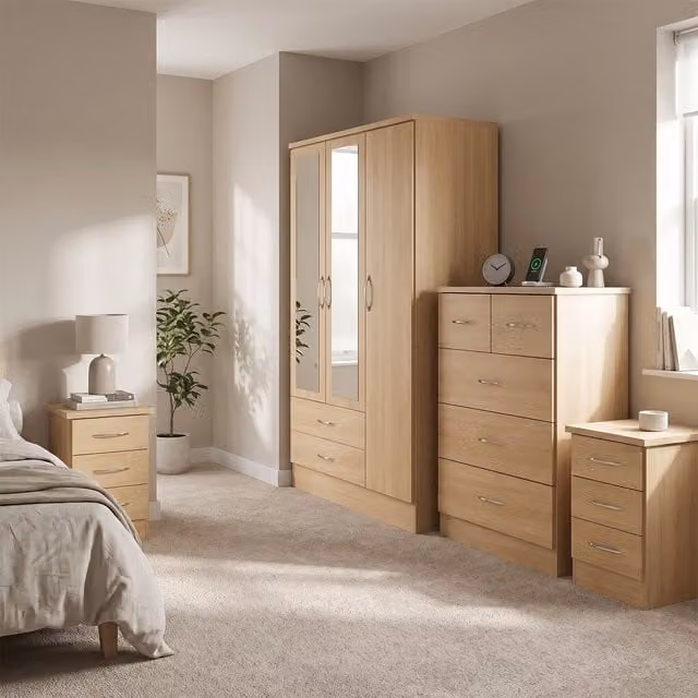 Seconique Nevada 3 Door 2 Drawer Mirrored Wardrobe Bedroom Set in Brown Wood Finish
