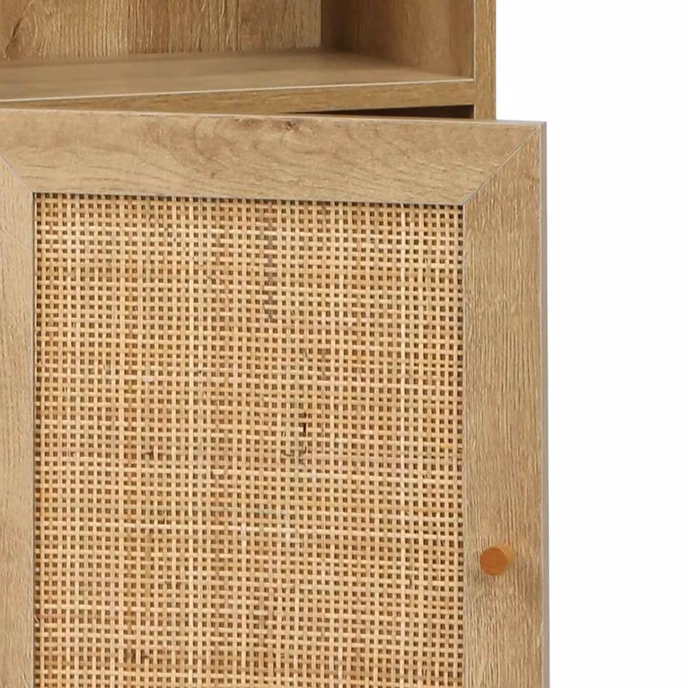 sweeek Boho Beige Rattan Bathroom Storage Column with Hinged Doors and Internal Shelves – 3