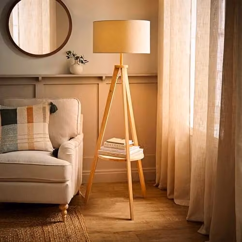 ValueLights Morrigan Modern Wood Tripod Floor Lamp with Beige Fabric Cylinder Shade, H 148 cm x W 45 cm x D 45 cm – 2