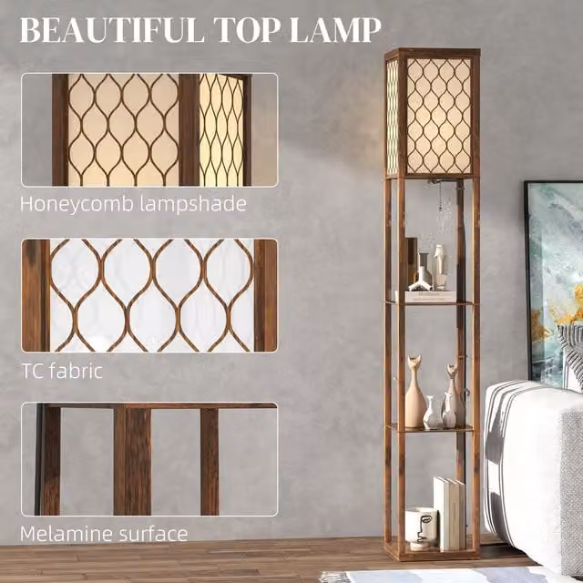 HOMCOM Floor Lamp with 3 Open Shelves in Rustic Brown