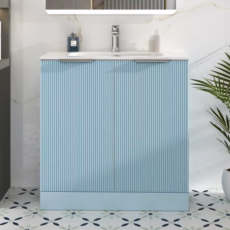 Royal Bathrooms Evora 800mm Powder Blue Fluted Floor Standing 2 Door Vanity Unit with Ceramic Basin